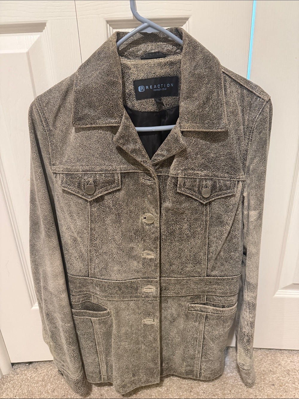 Kenneth Cole Reaction distressed taupe-gray suede-look jacket
